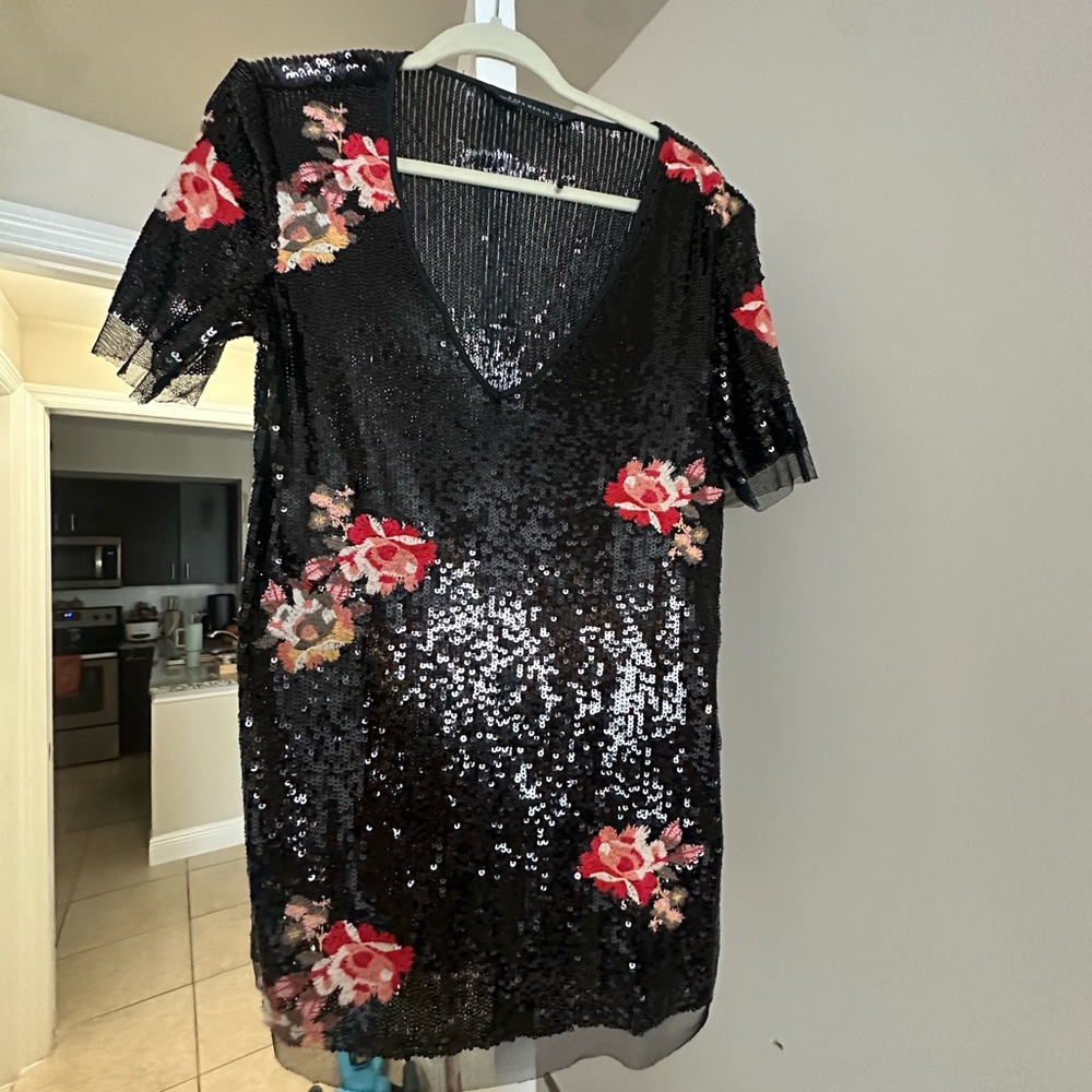 Zara Black Sequin Dress with Red Floral Accents